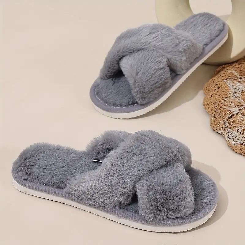 Damen Gemütliche Plüsch-Slipper zum Hineinschlüpfen mit Kreuzband - Weiches Faux-Fur-Futter, Warme EVA-Sohle, Zehenfreies Design für Hauspantoffeln für drinnen und draußen 36-37 grau von Joom DACH