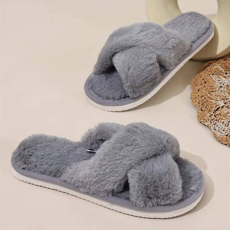 Damen Gemütliche Plüsch-Slipper zum Hineinschlüpfen mit Kreuzband - Weiches Faux-Fur-Futter, Warme EVA-Sohle, Zehenfreies Design für Hauspantoffeln für drinnen und draußen 36-37 grau von Joom DACH
