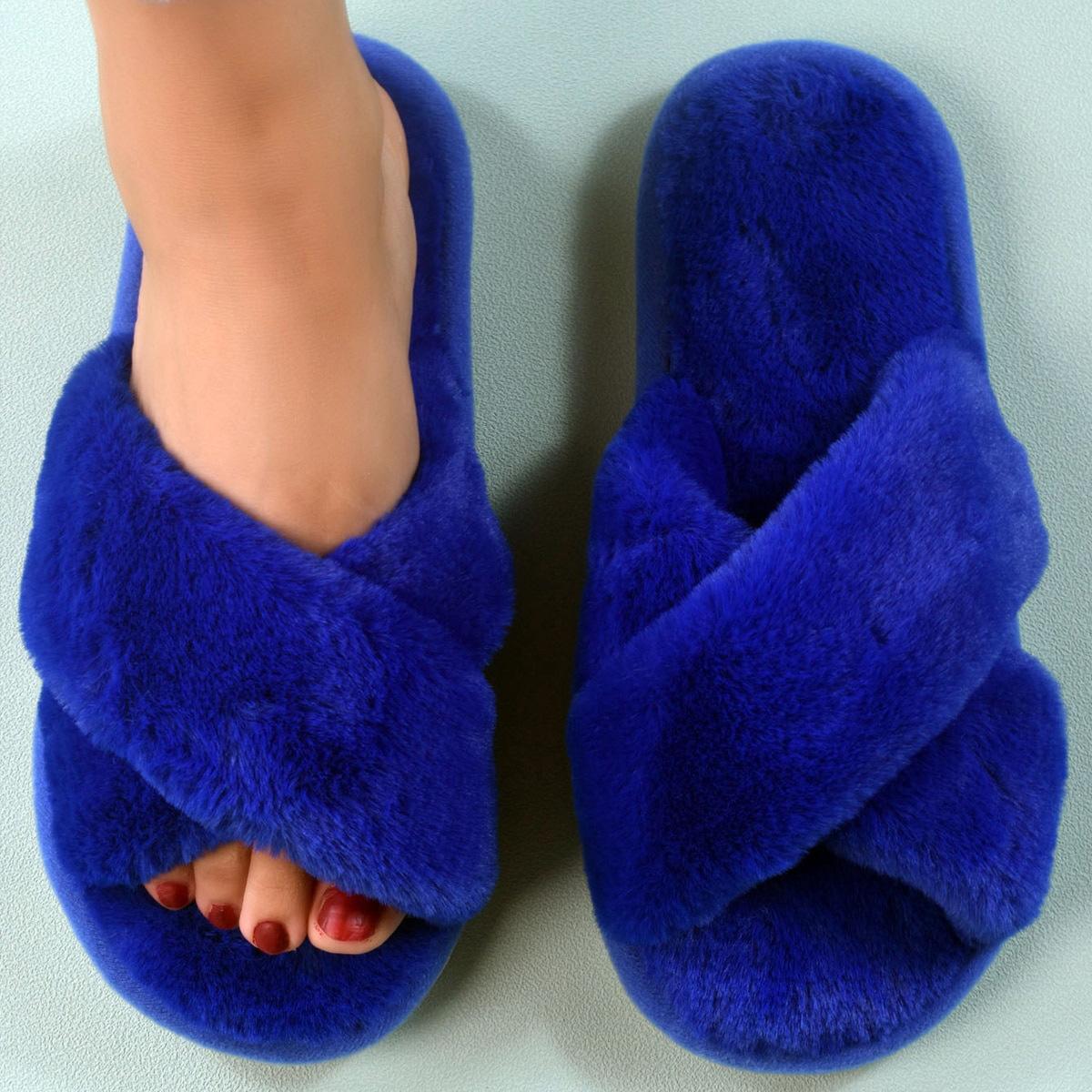 Damen Gemütliche Plüsch-Slipper zum Hineinschlüpfen mit Kreuzband - Weiches Faux-Fur-Futter, Warme EVA-Sohle, Zehenfreies Design für Hauspantoffeln für drinnen und draußen 38-39 blau von Joom DACH