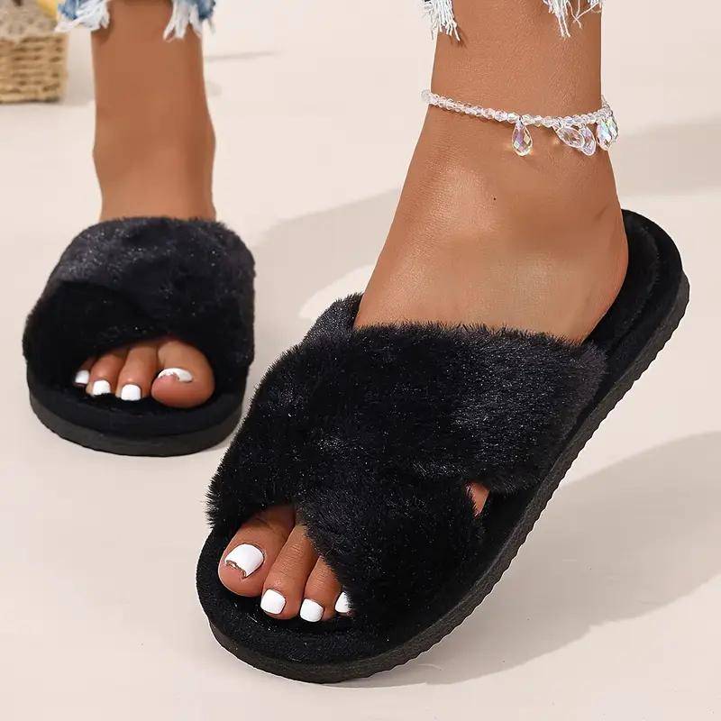 Damen Gemütliche Plüsch-Slipper zum Hineinschlüpfen mit Kreuzband - Weiches Faux-Fur-Futter, Warme EVA-Sohle, Zehenfreies Design für Hauspantoffeln für drinnen und draußen 38-39 schwarz von Joom DACH