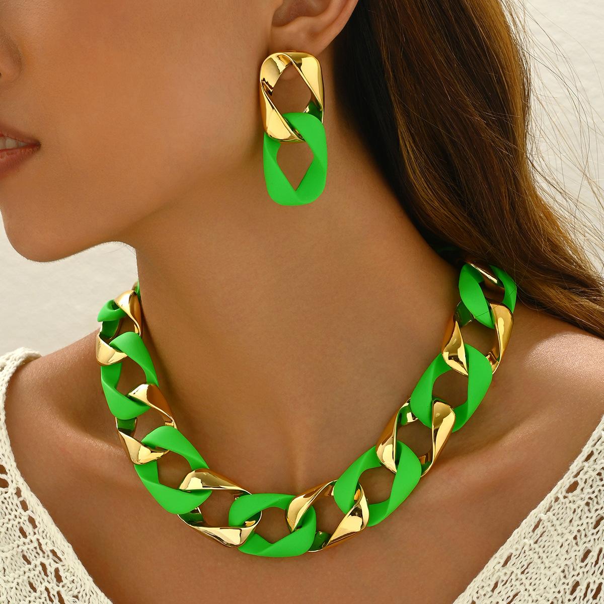 Damen Geometrische Glieder Schmuckset mit Halskette und Ohrringen 1 Set  grün von Joom DACH