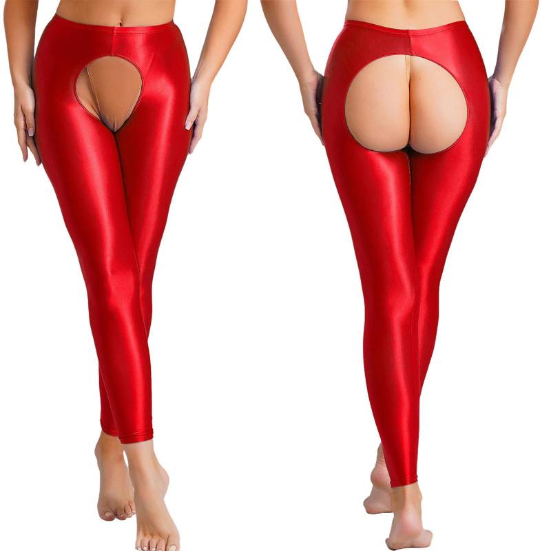 Damen Glänzende High Waist Leggings Slim Fit Tights mit Strategischer Öffnung Baselayer Hose XXL bordeaux von Joom DACH