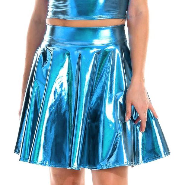 Damen Glänzender Metallic-Ausgestellter Skaterrock aus Kunstleder mit hoher Taille und plissiertem A-Linien-Minirock für Disco-Tanz-Clubwear L blau von Joom DACH