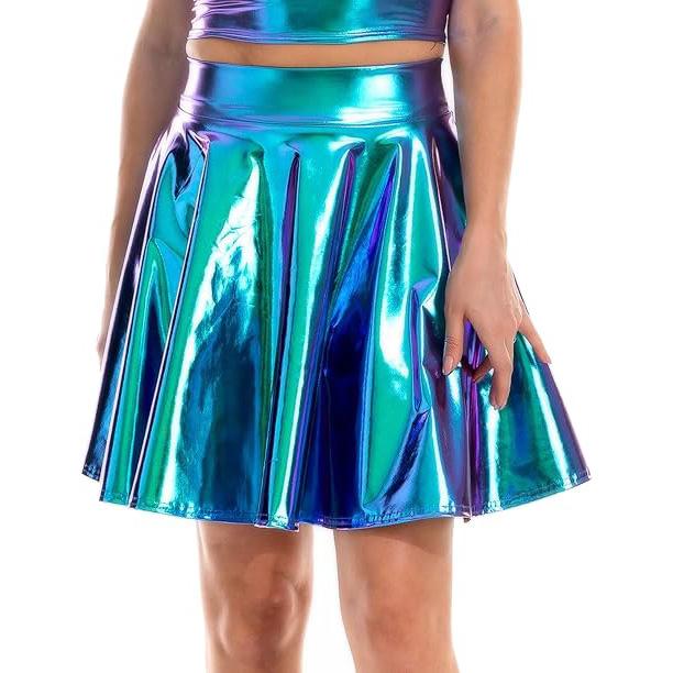 Damen Glänzender Metallic-Ausgestellter Skaterrock aus Kunstleder mit hoher Taille und plissiertem A-Linien-Minirock für Disco-Tanz-Clubwear M bunt/blau von Joom DACH