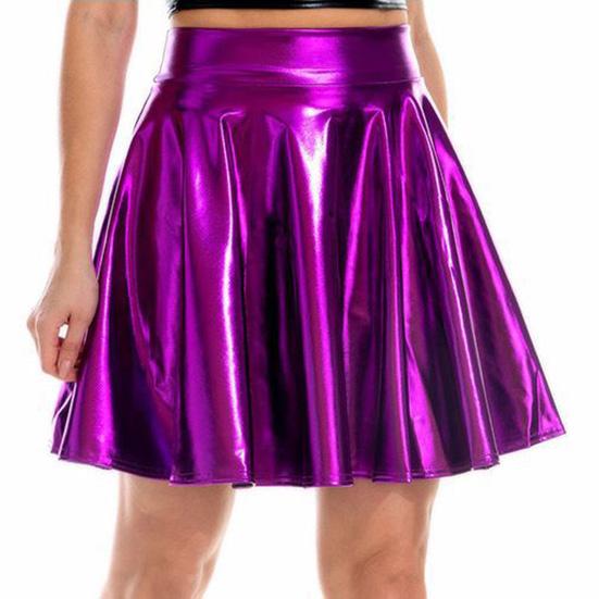 Damen Glänzender Metallic-Ausgestellter Skaterrock aus Kunstleder mit hoher Taille und plissiertem A-Linien-Minirock für Disco-Tanz-Clubwear S violett von Joom DACH