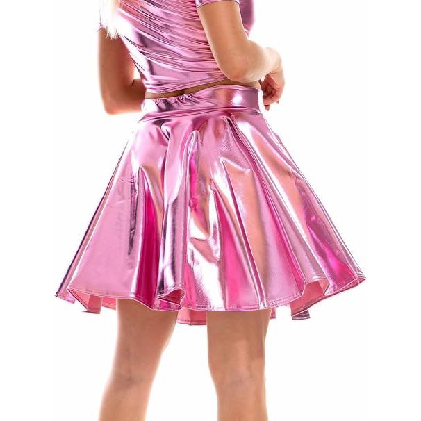 Damen Glänzender Metallic-Ausgestellter Skaterrock aus Kunstleder mit hoher Taille und plissiertem A-Linien-Minirock für Disco-Tanz-Clubwear S rosa von Joom DACH