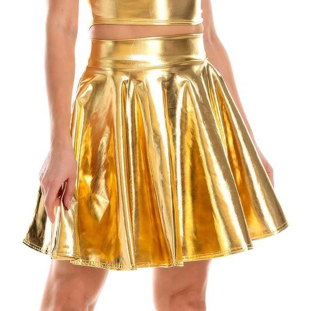Damen Glänzender Metallic-Ausgestellter Skaterrock aus Kunstleder mit hoher Taille und plissiertem A-Linien-Minirock für Disco-Tanz-Clubwear S gold von Joom DACH