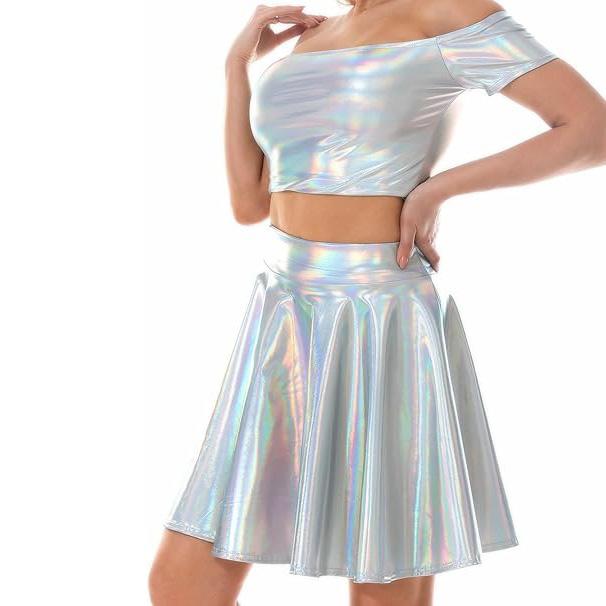 Damen Glänzender Metallic-Ausgestellter Skaterrock aus Kunstleder mit hoher Taille und plissiertem A-Linien-Minirock für Disco-Tanz-Clubwear S bunt/silber von Joom DACH