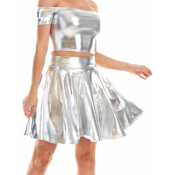 Damen Glänzender Metallic-Ausgestellter Skaterrock aus Kunstleder mit hoher Taille und plissiertem A-Linien-Minirock für Disco-Tanz-Clubwear XL silber von Joom DACH