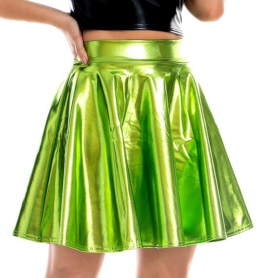 Damen Glänzender Metallic-Ausgestellter Skaterrock aus Kunstleder mit hoher Taille und plissiertem A-Linien-Minirock für Disco-Tanz-Clubwear XL grün von Joom DACH