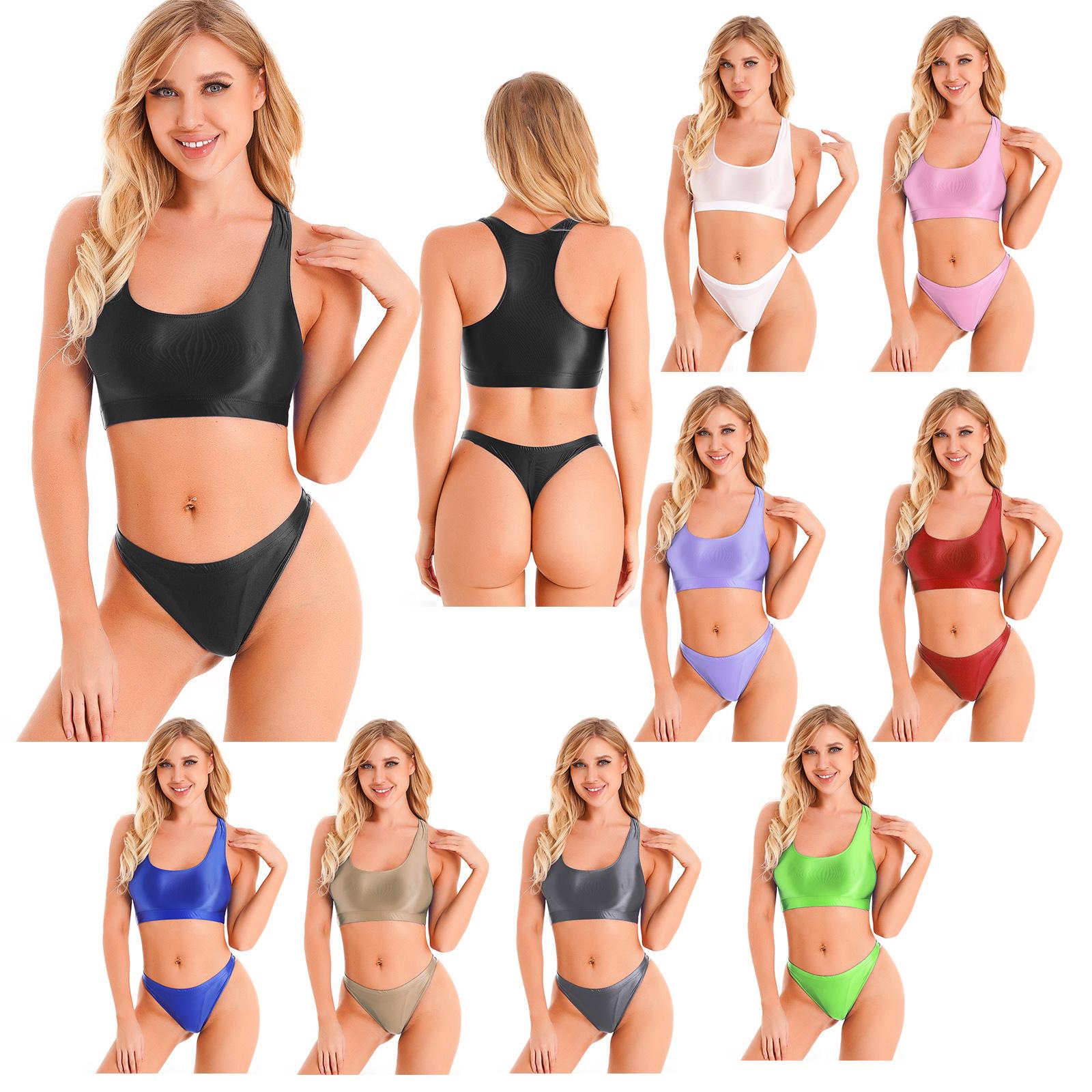 Damen Glänzendes Ärmelloses U-Ausschnitt Tanktop mit Hüfttiefen Slips Sport Fitness Bademode Set XL weiß von Joom DACH