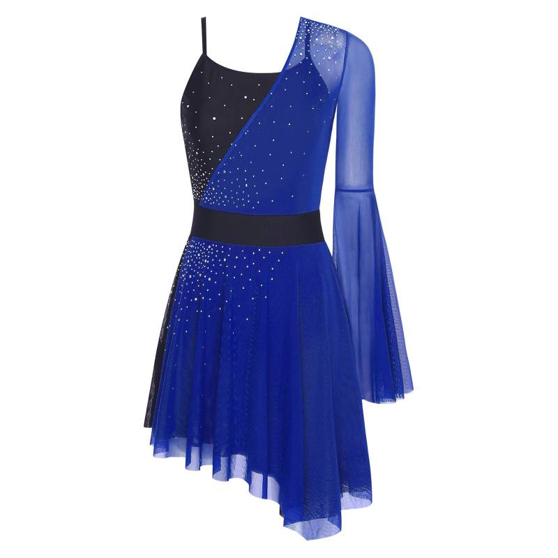 Damen Glänzendes Eiskunstlaufkleid Colorblock Mesh Ein Trompetenärmel Eingebauter Slip Unregelmäßiger Turnanzug M von Joom DACH