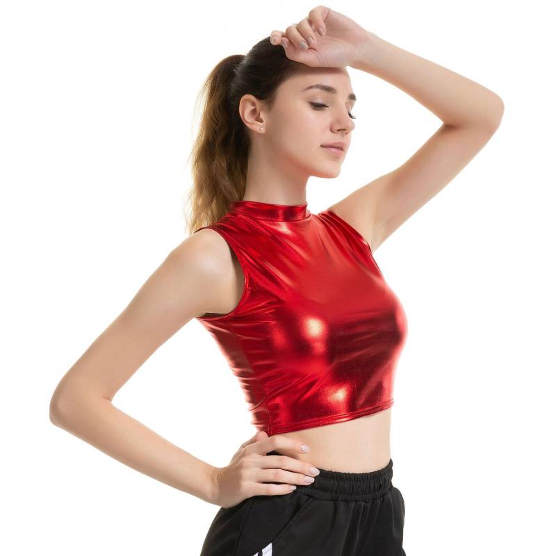 Damen Glänzendes Metallic-Crop-Top, ärmellos, Rollkragen, Tanktop, T-Shirt, Tanzweste, Clubwear S rot von Joom DACH