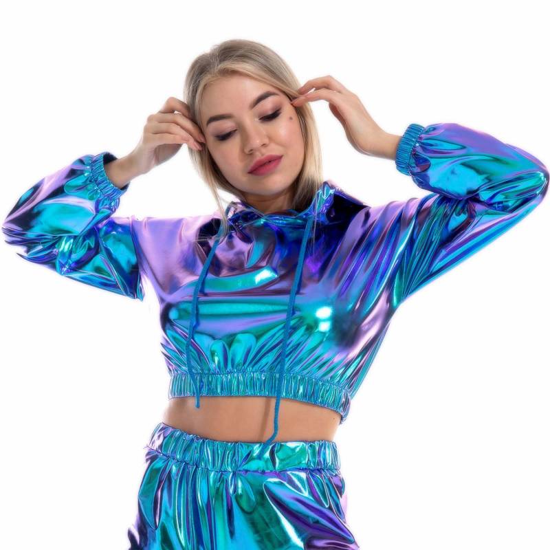 Damen Glänzendes Metallic-Crop-Top Holografisches Langarm-Kapuzenpullover-Kurz-Sweatshirt für Clubnacht-Party-Disko 2XL blau/bunt von Joom DACH