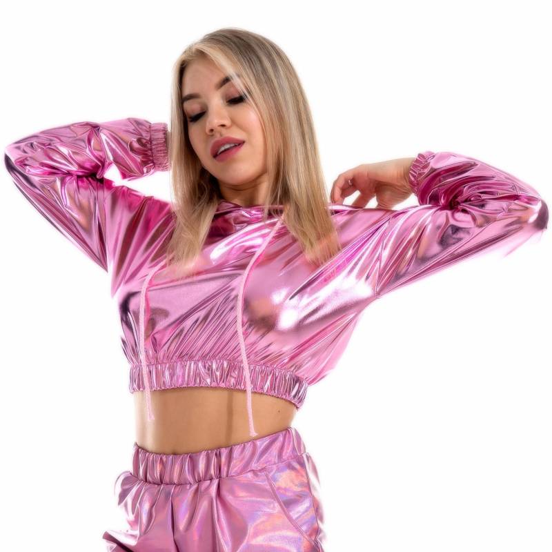 Damen Glänzendes Metallic-Crop-Top Holografisches Langarm-Kapuzenpullover-Kurz-Sweatshirt für Clubnacht-Party-Disko XL rosa von Joom DACH