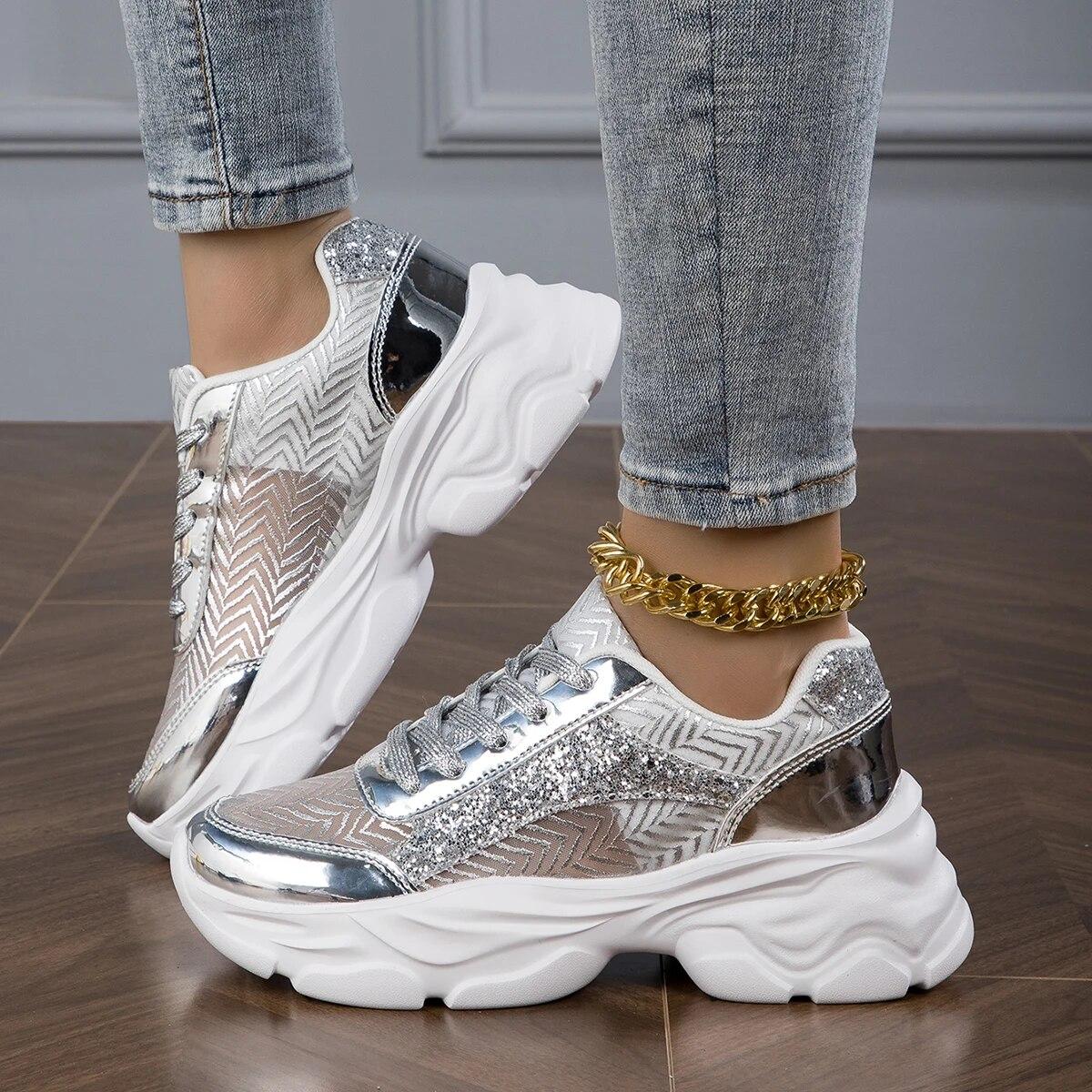 Damen Glitzer Design Plateau Sneakers Lässige Schnürschuhe Outdoor Schuhe Bequeme Low Top Schuhe Atmungsaktive Sommerschuhe Damen 42 von Joom DACH