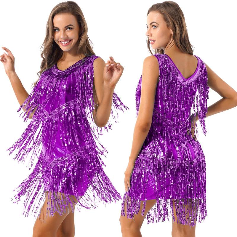 Damen Glitzer Pailletten Ballsaal Latein Tanzkleid Ärmellos Sparkle Party Cocktailkleider L violett von Joom DACH