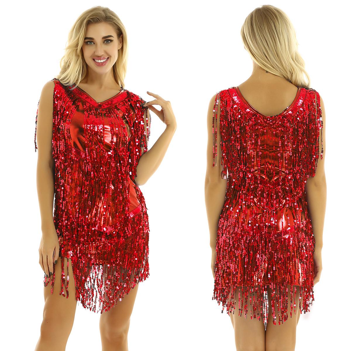 Damen Glitzer Pailletten Ballsaal Latein Tanzkleid Ärmellos Sparkle Party Cocktailkleider X rot von Joom DACH