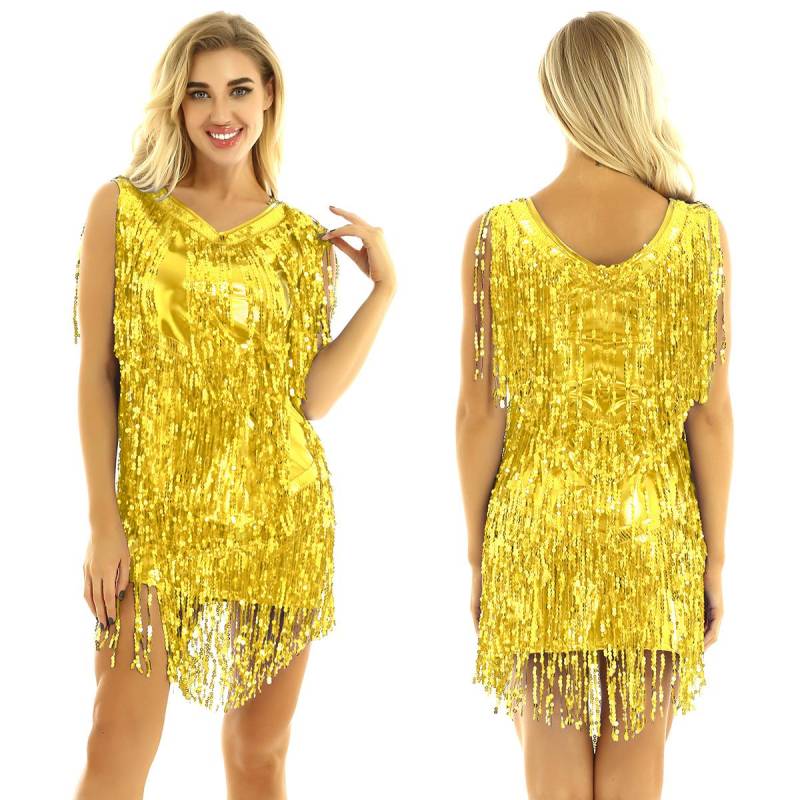 Damen Glitzer Pailletten Ballsaal Latein Tanzkleid Ärmellos Sparkle Party Cocktailkleider X von Joom DACH