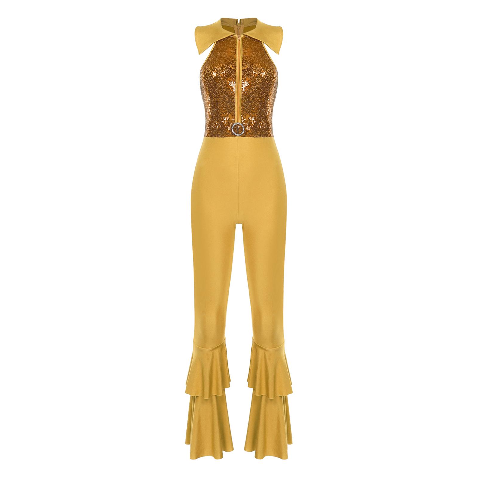 Damen Glitzer Pailletten Jumpsuit Ärmellos Umlegekragen Reißverschluss Strass O-Ring vorne Stufenförmiger Schlaghosen-Body L gold von Joom DACH