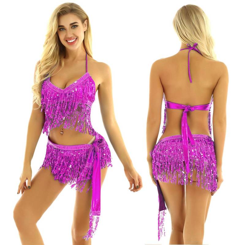 Damen Glitzernde Pailletten Bauch Latein Quasten Tanzoutfit Neckholder Crop Top mit Fransenröcken Karneval Rave Party Kostüm One Size hellrosa von Joom DACH