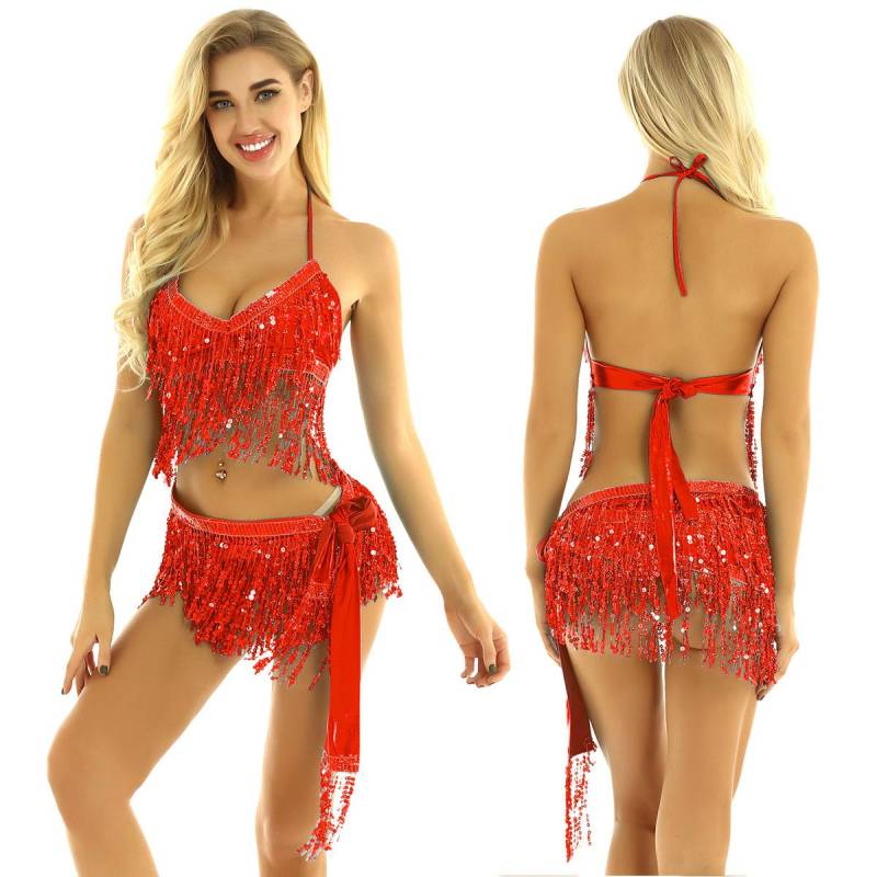 Damen Glitzernde Pailletten Bauch Latein Quasten Tanzoutfit Neckholder Crop Top mit Fransenröcken Karneval Rave Party Kostüm One Size rot von Joom DACH