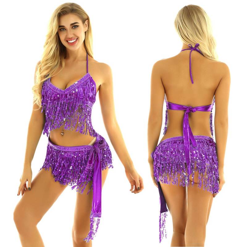 Damen Glitzernde Pailletten Bauch Latein Quasten Tanzoutfit Neckholder Crop Top mit Fransenröcken Karneval Rave Party Kostüm One Size violett von Joom DACH