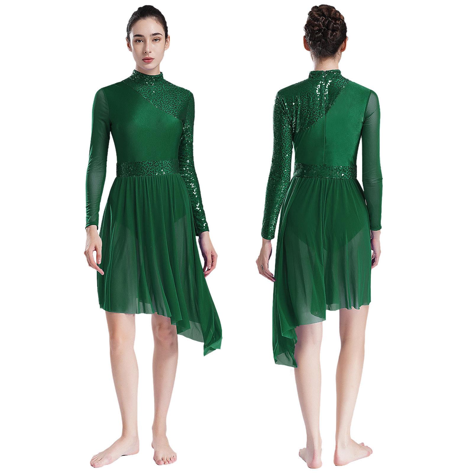 Damen Glitzernde Pailletten Modernes Lyrisches Tanzkleid Langarm Unregelmäßiger Saum Kleider Performance Kostüm M grün von Joom DACH