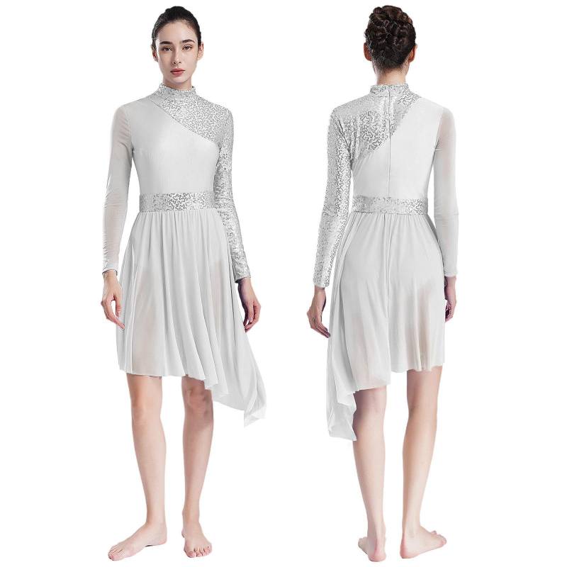 Damen Glitzernde Pailletten Modernes Lyrisches Tanzkleid Langarm Unregelmäßiger Saum Kleider Performance Kostüm S weiß von Joom DACH