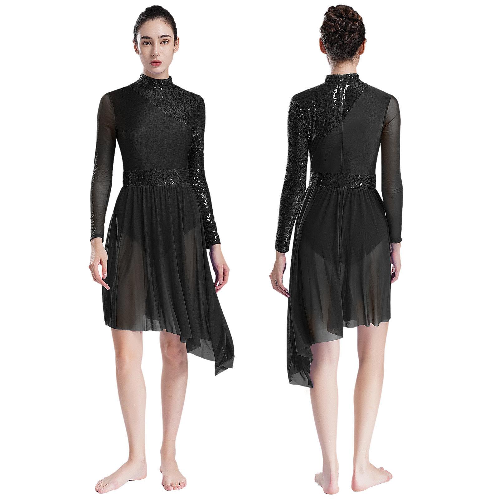 Damen Glitzernde Pailletten Modernes Lyrisches Tanzkleid Langarm Unregelmäßiger Saum Kleider Performance Kostüm S schwarz von Joom DACH