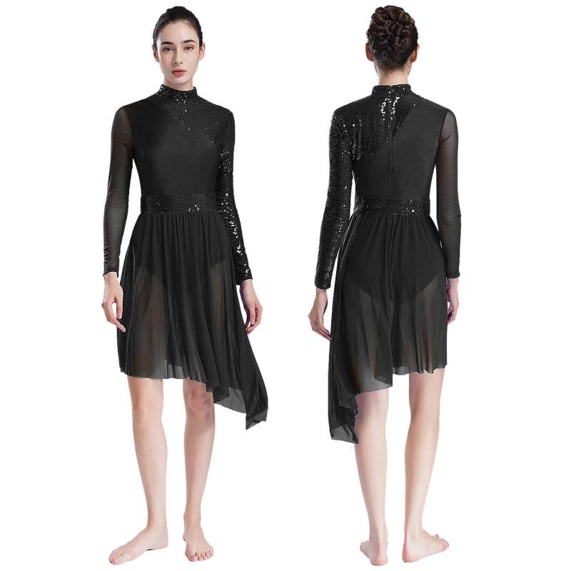 Damen Glitzernde Pailletten Modernes Lyrisches Tanzkleid Langarm Unregelmäßiger Saum Kleider Performance Kostüm S schwarz von Joom DACH