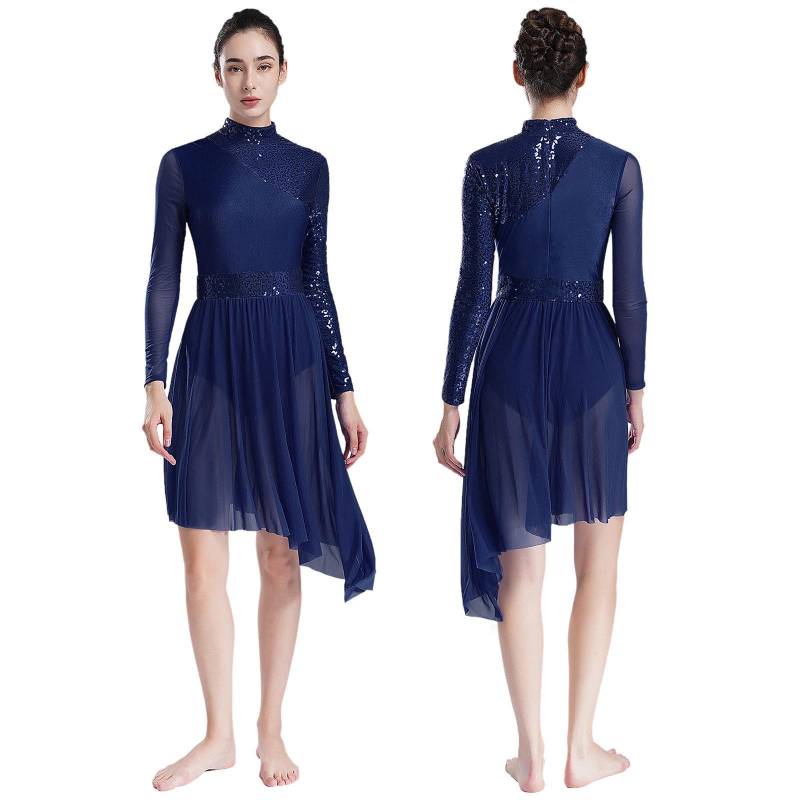 Damen Glitzernde Pailletten Modernes Lyrisches Tanzkleid Langarm Unregelmäßiger Saum Kleider Performance Kostüm S navy blau von Joom DACH