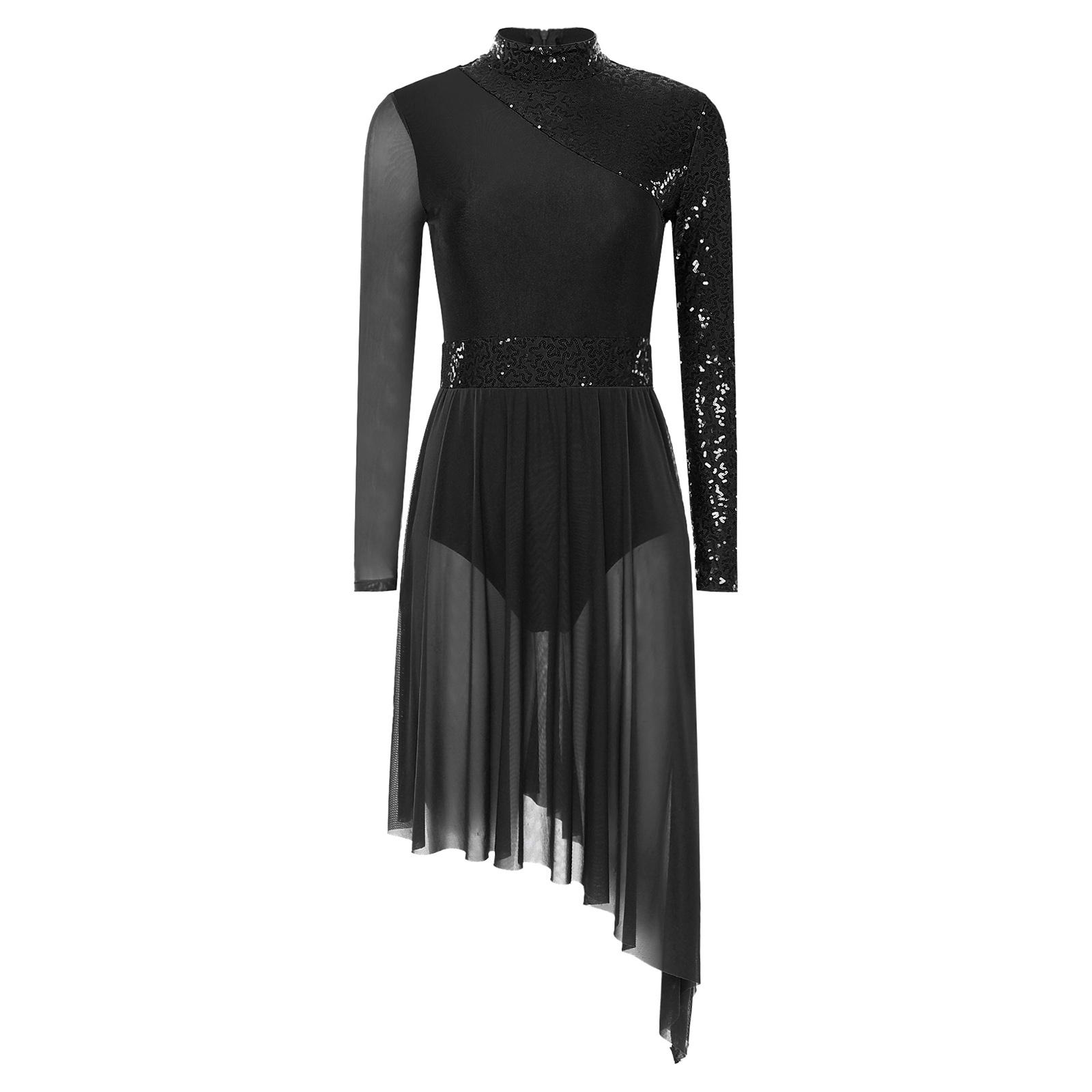 Damen Glitzernde Pailletten Tanzkleid Stehkragen Langarm Unregelmäßiger Saum Bühnenauftritt Abendkleid L schwarz von Joom DACH