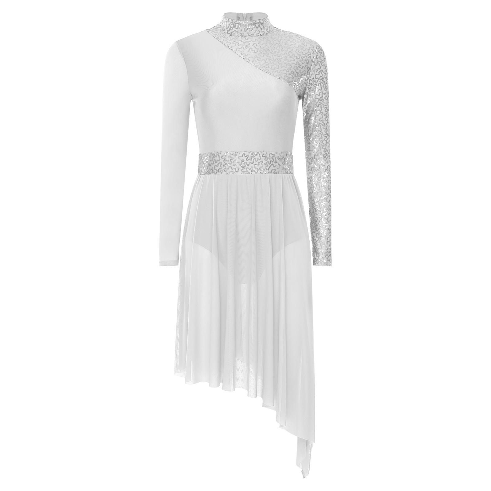 Damen Glitzernde Pailletten Tanzkleid Stehkragen Langarm Unregelmäßiger Saum Bühnenauftritt Abendkleid S weiß von Joom DACH