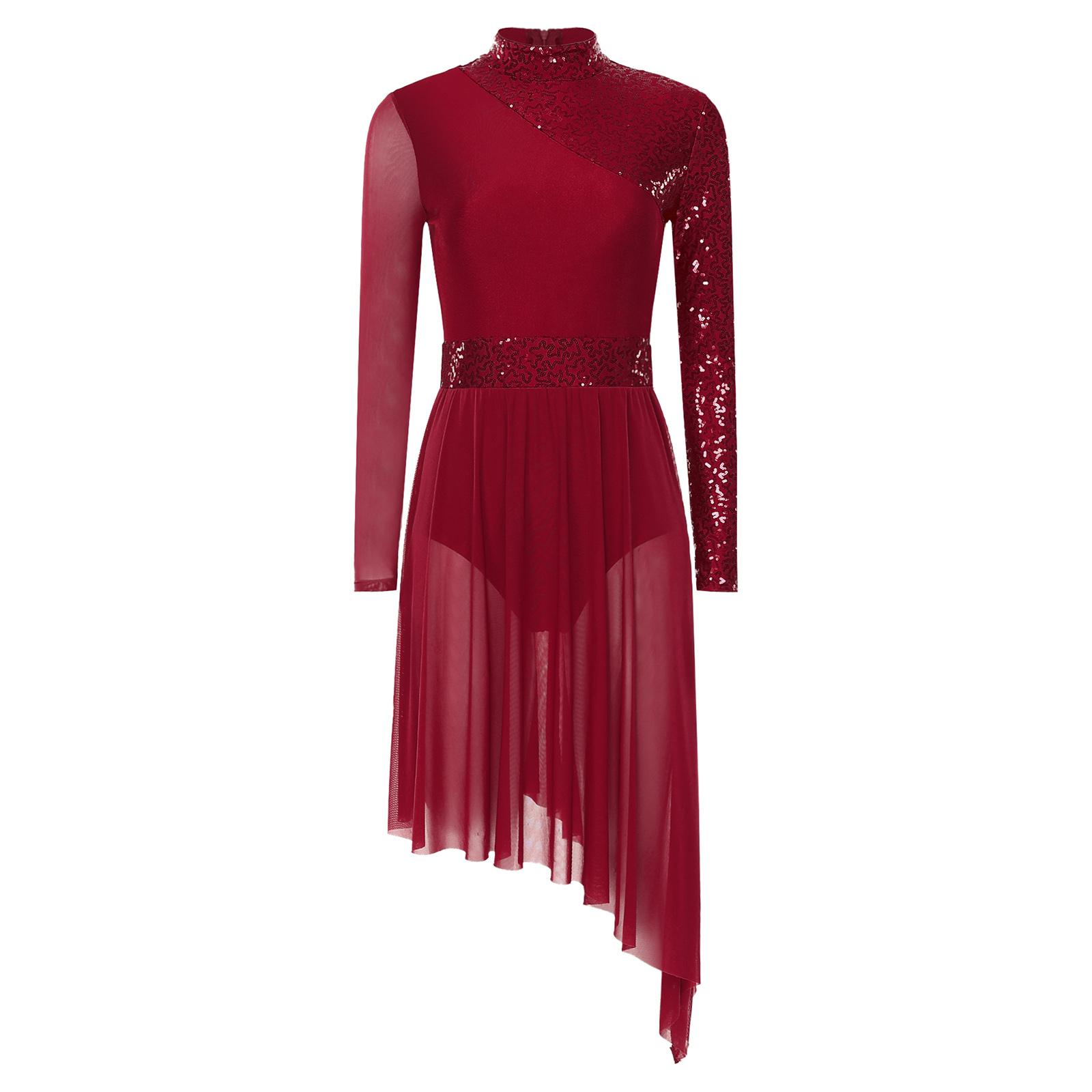 Damen Glitzernde Pailletten Tanzkleid Stehkragen Langarm Unregelmäßiger Saum Bühnenauftritt Abendkleid S bordeaux von Joom DACH