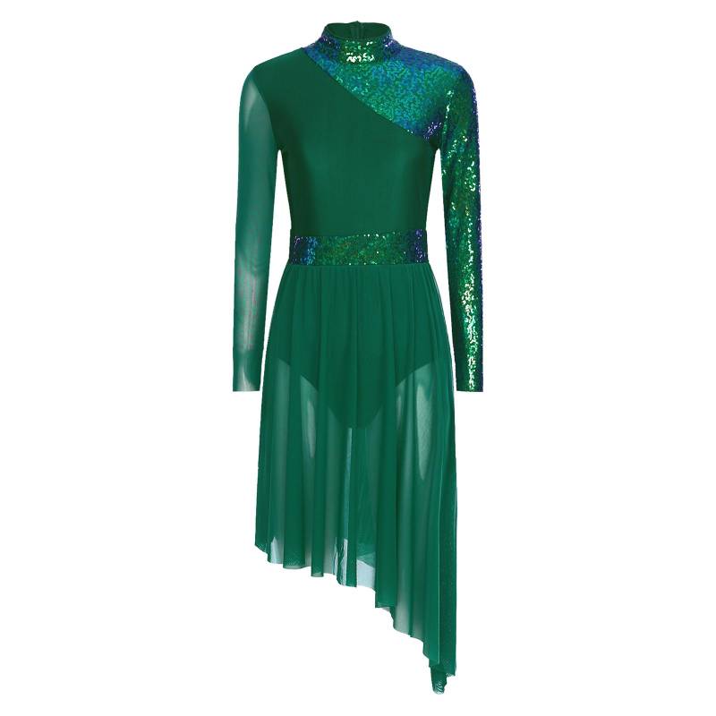 Damen Glitzernde Pailletten Tanzkleid Stehkragen Langarm Unregelmäßiger Saum Bühnenauftritt Abendkleid S grün von Joom DACH