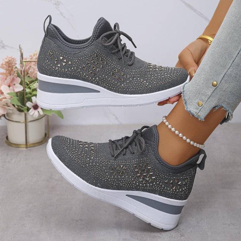 Damen Glitzernde Strass Dicke Sohle Sneaker - Atmungsaktives Strickgewebe, Rutschfeste Mode-Sneaker mit Schnürverschluss, Lässige Bequeme Schuhe 37 grau von Joom DACH