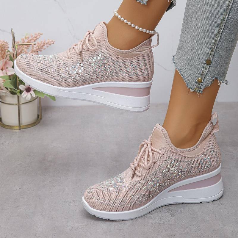 Damen Glitzernde Strass Dicke Sohle Sneaker - Atmungsaktives Strickgewebe, Rutschfeste Mode-Sneaker mit Schnürverschluss, Lässige Bequeme Schuhe 38 rosa von Joom DACH