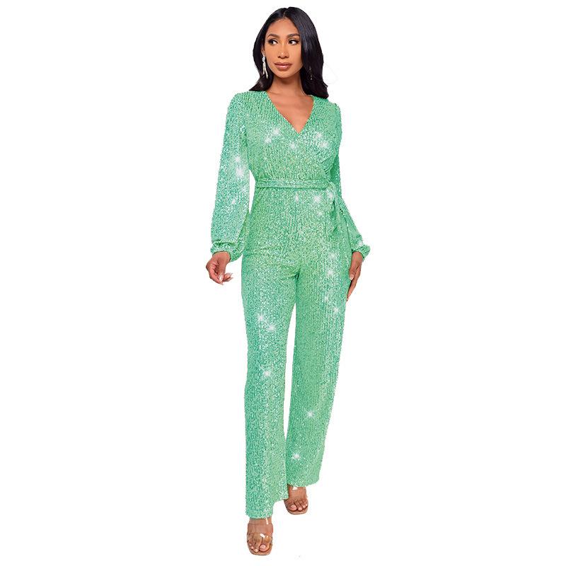 Damen Glitzernder Jumpsuit Langarm V-Ausschnitt Gürtel Weitbeiniger Hosenanzug Partykleidung 3XL hellgrüne von Joom DACH