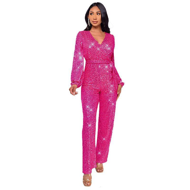 Damen Glitzernder Jumpsuit Langarm V-Ausschnitt Gürtel Weitbeiniger Hosenanzug Partykleidung 3XL rose rot von Joom DACH