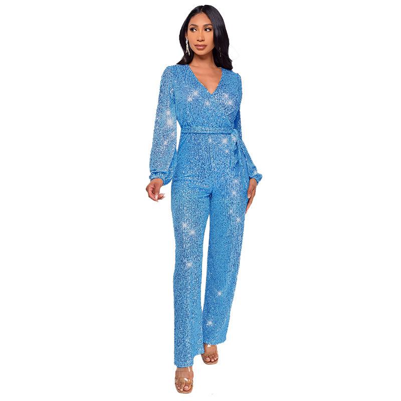 Damen Glitzernder Jumpsuit Langarm V-Ausschnitt Gürtel Weitbeiniger Hosenanzug Partykleidung L himmelblaue von Joom DACH