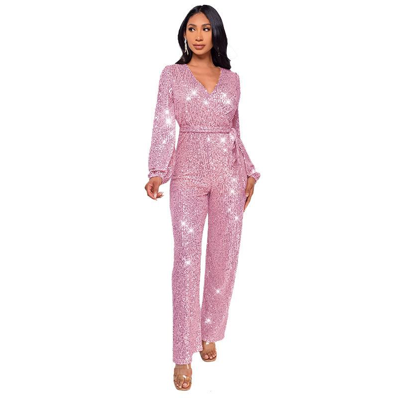 Damen Glitzernder Jumpsuit Langarm V-Ausschnitt Gürtel Weitbeiniger Hosenanzug Partykleidung XL von Joom DACH