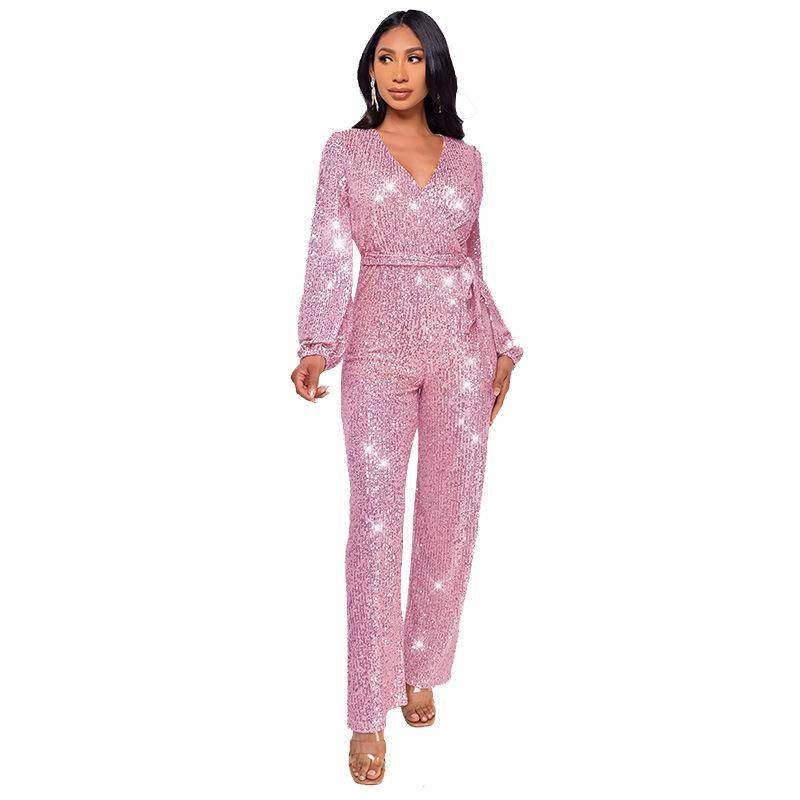 Damen Glitzernder Jumpsuit Langarm V-Ausschnitt Gürtel Weitbeiniger Hosenanzug Partykleidung XL von Joom DACH