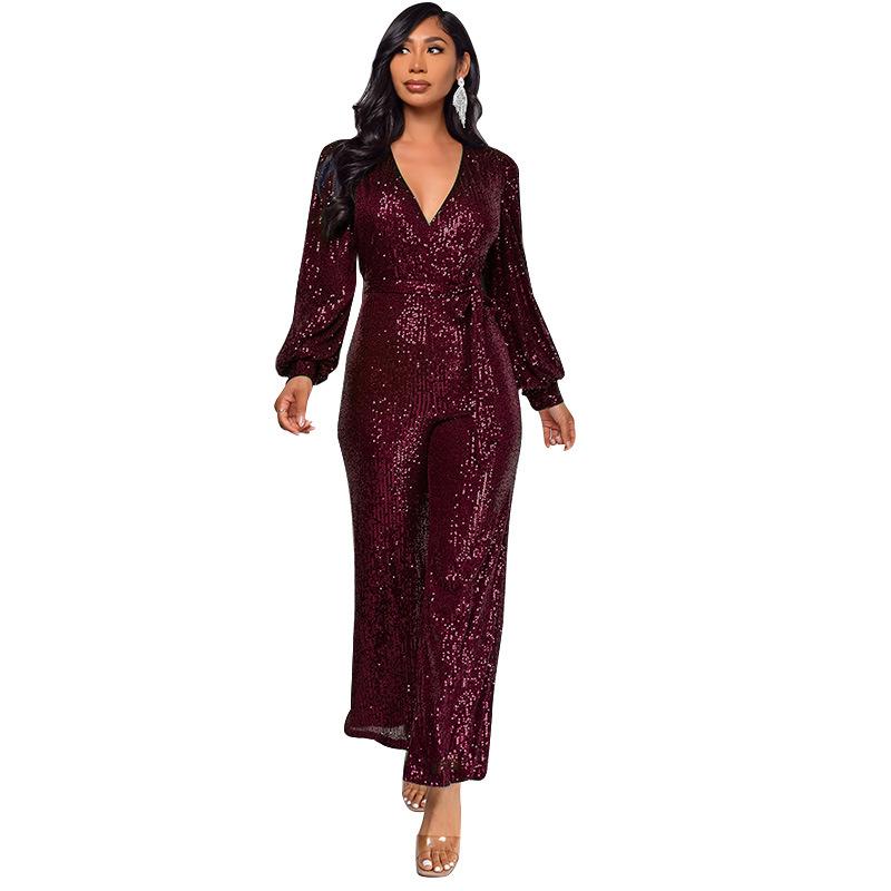 Damen Glitzernder Jumpsuit Langarm V-Ausschnitt Gürtel Weitbeiniger Hosenanzug Partykleidung XXL bordeaux von Joom DACH