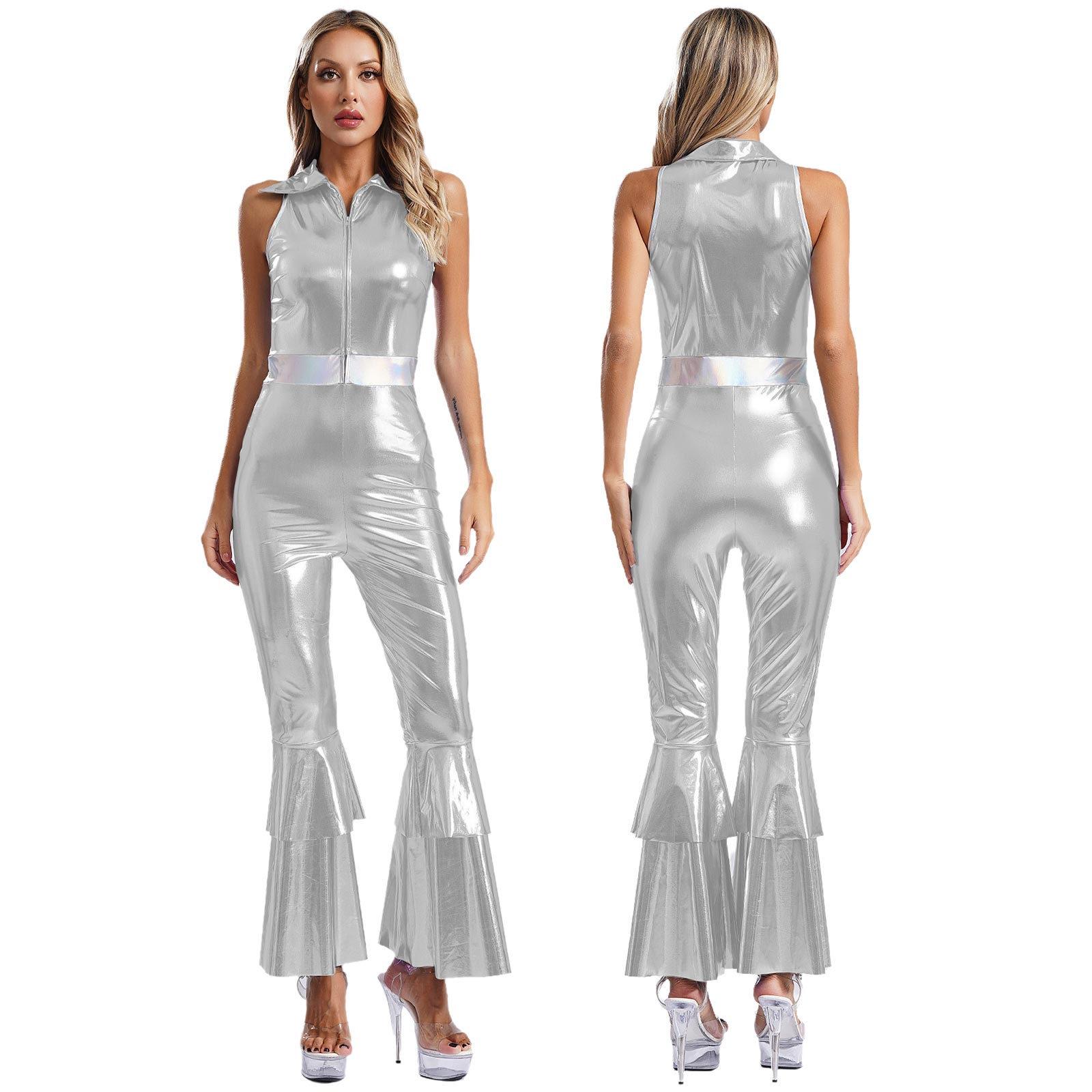 Damen Glitzernder Metallic 70er Disco Jumpsuit Reverskragen Ärmellos Hohe Taille Schlaghosen für Tanzpartys M silber von Joom DACH