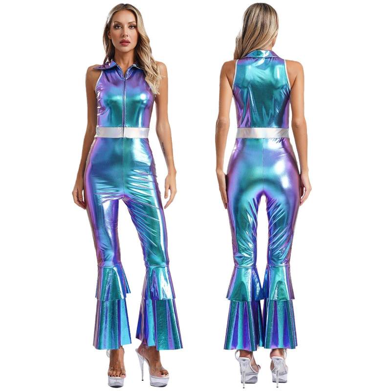 Damen Glitzernder Metallic 70er Disco Jumpsuit Reverskragen Ärmellos Hohe Taille Schlaghosen für Tanzpartys M blau von Joom DACH