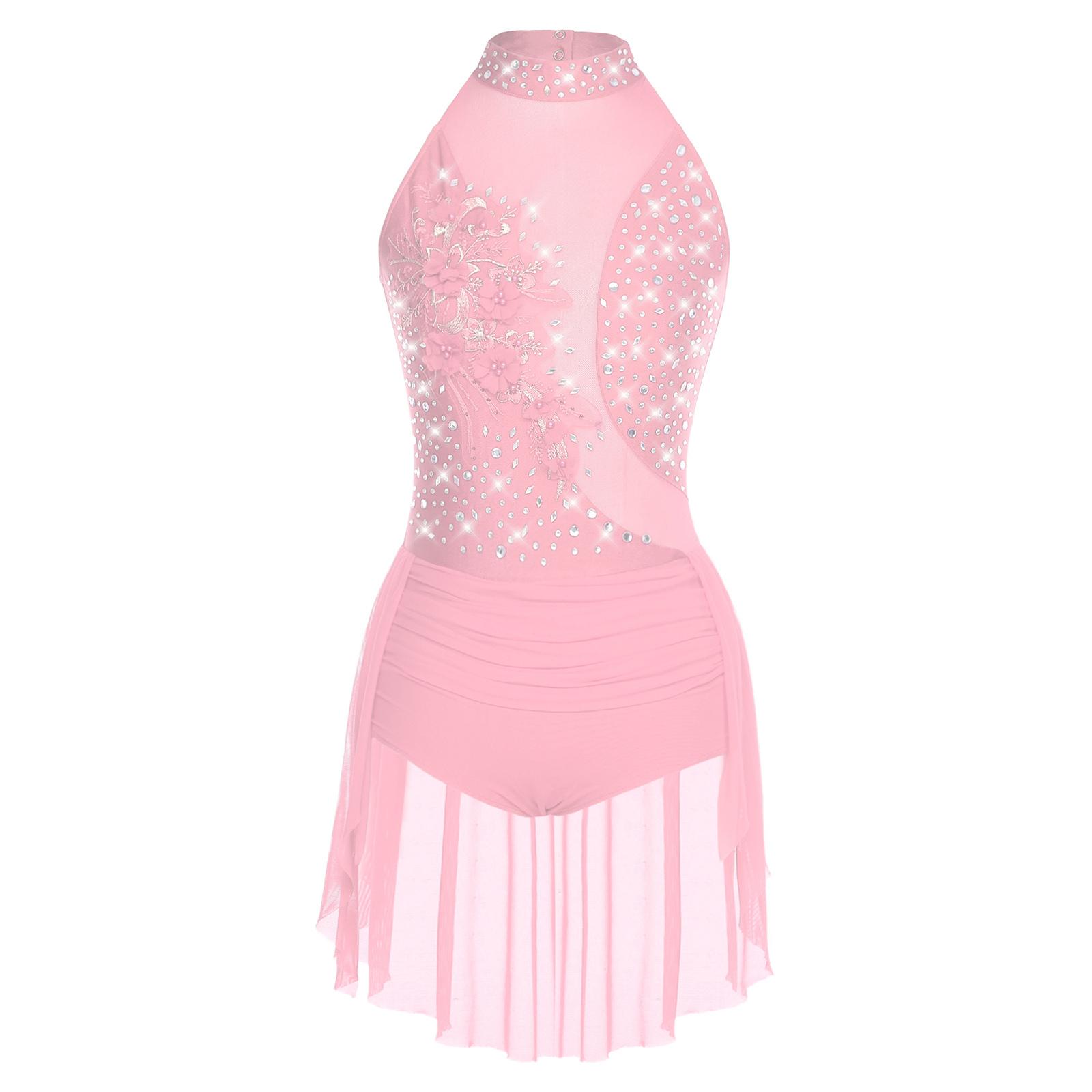 Damen Glitzernder Tanz-Leotard Ärmellos Rücken Ausgeschnitten Unregelmäßiger Rock Strass Applikation Lateinkostüm L rosa von Joom DACH