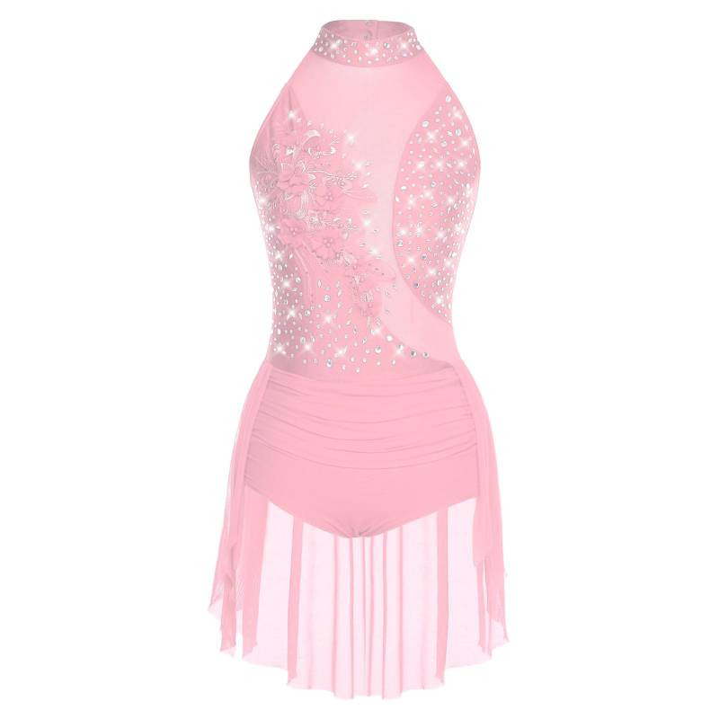 Damen Glitzernder Tanz-Leotard Ärmellos Rücken Ausgeschnitten Unregelmäßiger Rock Strass Applikation Lateinkostüm L rosa von Joom DACH