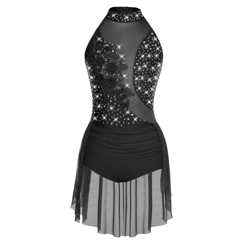 Damen Glitzernder Tanz-Leotard Ärmellos Rücken Ausgeschnitten Unregelmäßiger Rock Strass Applikation Lateinkostüm M schwarz von Joom DACH