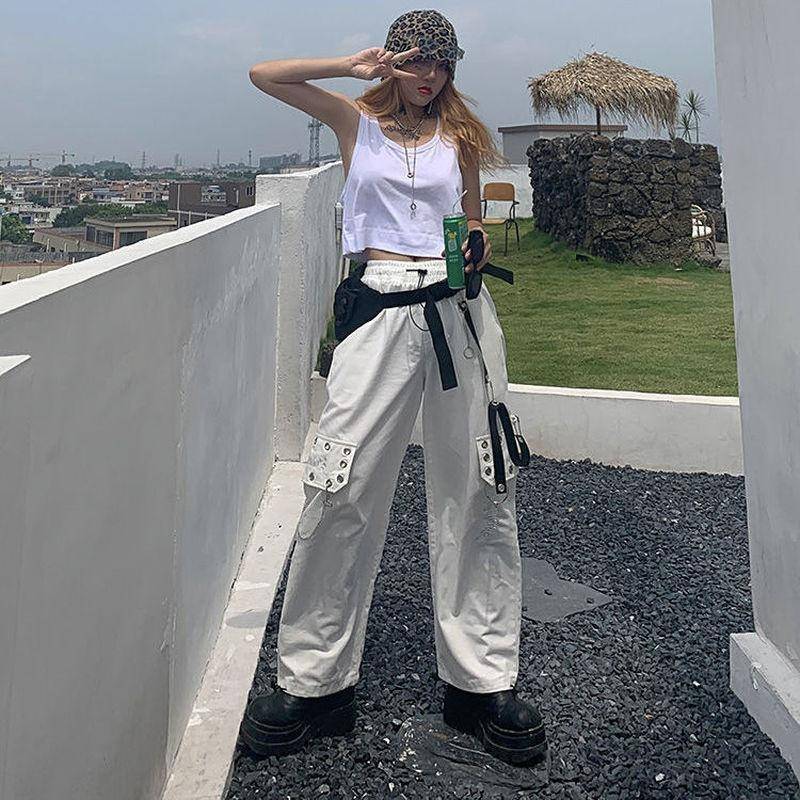 Damen Gothic High Waist Cargohose Punk Chain Overalls Damen Hip Hop Streetwear S weiß von Joom DACH